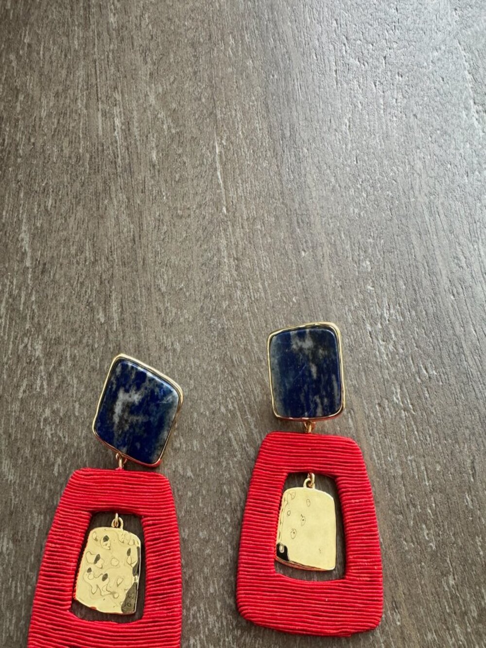 Tuckernuck Red Ribbon and Blue Stone Drop Earrings with Gold Accents